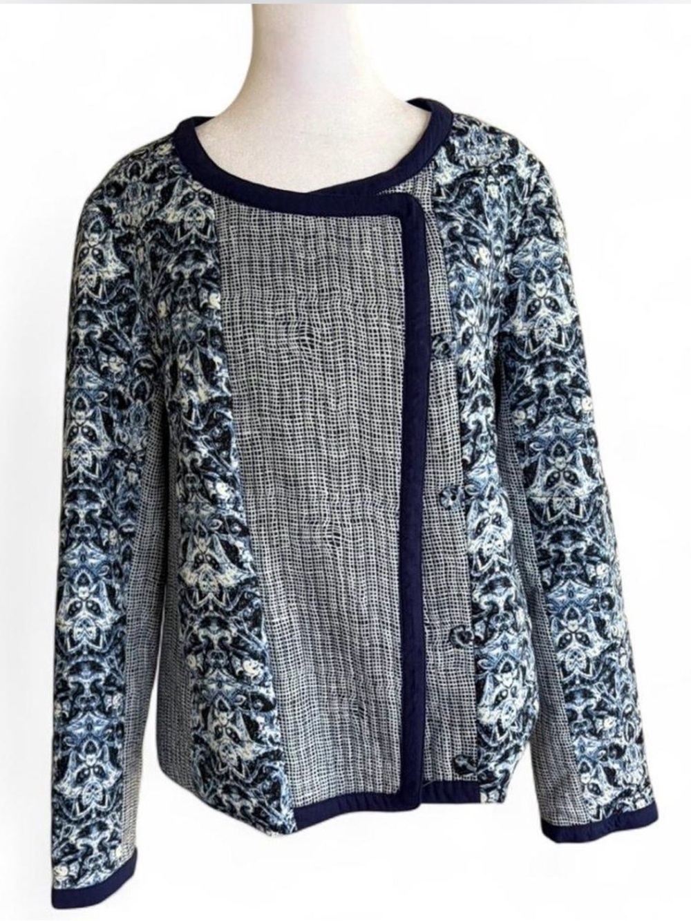 Nanette Lepore Navy and White Textured Lightweight Quilt Jacket 100% Cotton